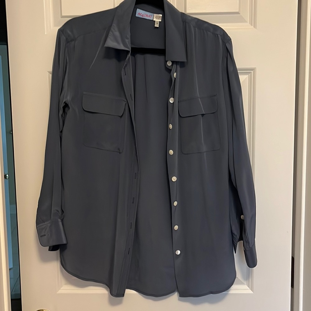 Silk button down top in slate blue by Acrobat